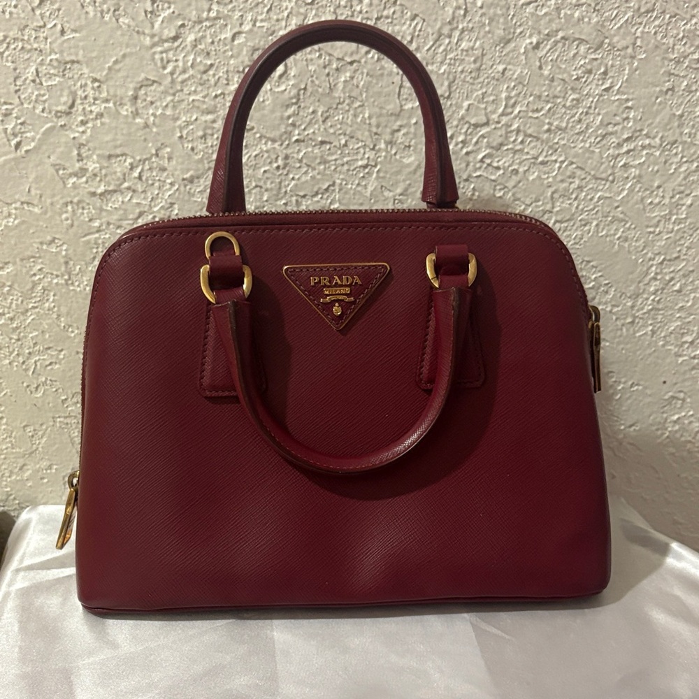 Prada Burgundy Saffiano Leather Satchel with Gold Hardware